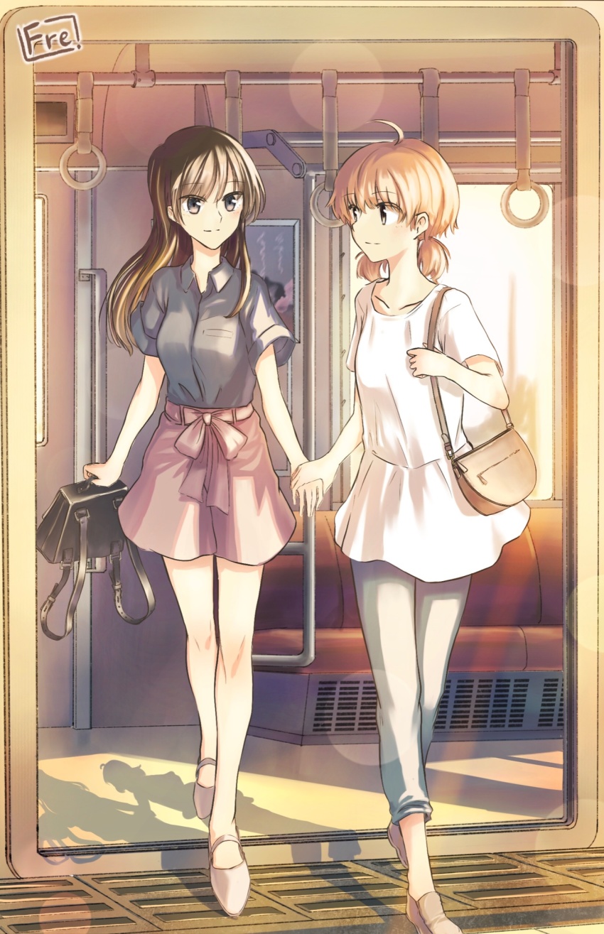 2girls, artist_name, bag, brown_eyes, brown_footwear, brown_hair, eye_contact, fre_(silent_life), grey_pants, holding_hands, handbag, high_heels, highres, koito_yuu, long_hair, looking_at_another, multiple_girls, nanami_touko, pants, pink_skirt, shadow, shirt, short_hair, short_sleeves, short_twintails, skirt, standing, train_interior, twintails, yagate_kimi_ni_naru, yuri