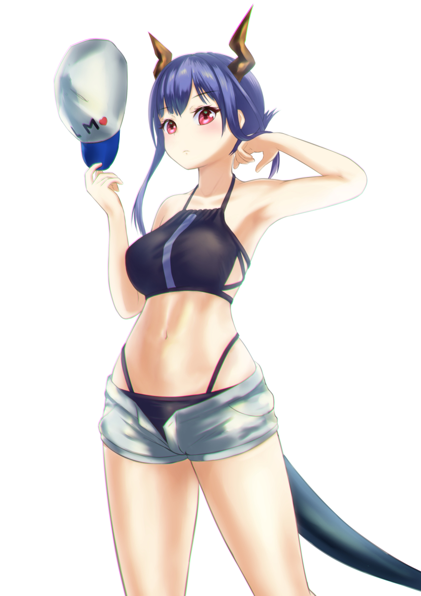 1girl, arknights, armpits, bare_arms, bare_shoulders, baseball_cap, bikini, black_bikini