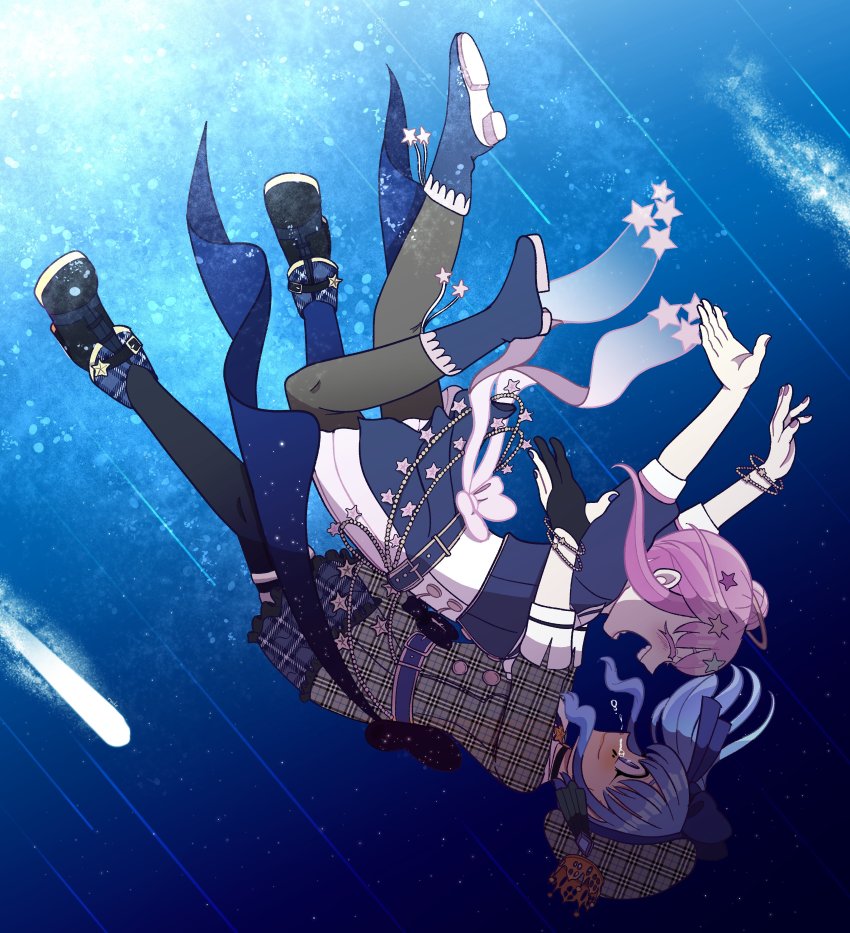 2girls, absurdres, anemachi, belt, beret, blue_eyes, blue_hair, boots, bracelet, choker, closed_eyes, dress, fingerless_gloves, gloves, hair_bun, hat, highres, hololive, hoshimachi_suisei, hoshimachi_suisei_(1st_costume), jewelry, long_sleeves, madocactus, multiple_girls, open_mouth, pink_hair, shooting_star, side_ponytail, single_hair_bun, tears, thighhighs, virtual_youtuber