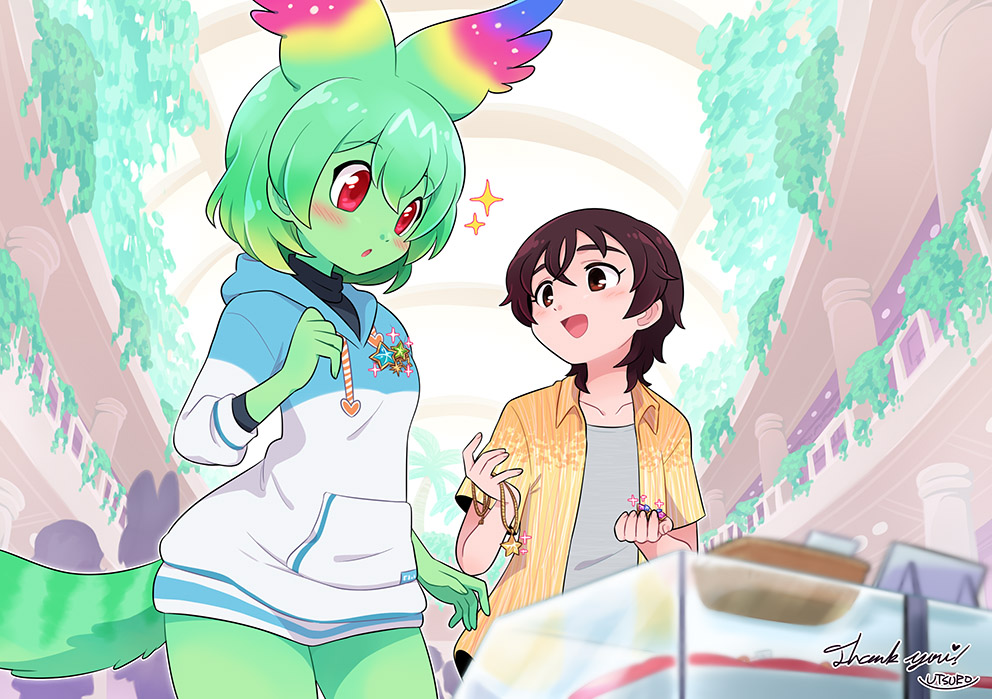 1boy, 1girl, alternate_costume, animal_ears, black_shirt, blue_hoodie, blush, brown_eyes