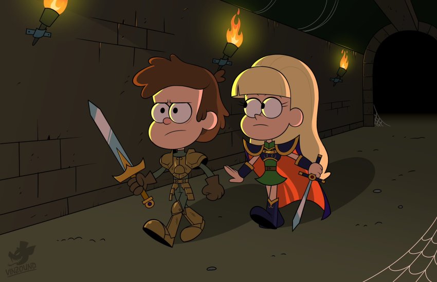 armor, blonde_hair, boots, brown_hair, cosplay, crossover, deedlit, deedlit_(cosplay), dipper_pines, dungeon, gloves, gravity_falls, highres, pacifica_northwest, parn_(lodoss), parn_(lodoss)_(cosplay), parody, record_of_lodoss_war, silk, spider_web, sword, torch, vinzound, weapon