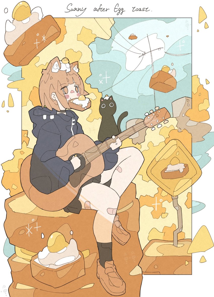 1girl, animal_ears, black_cat, black_hoodie, black_skirt, black_socks, bread_slice, brown_eyes