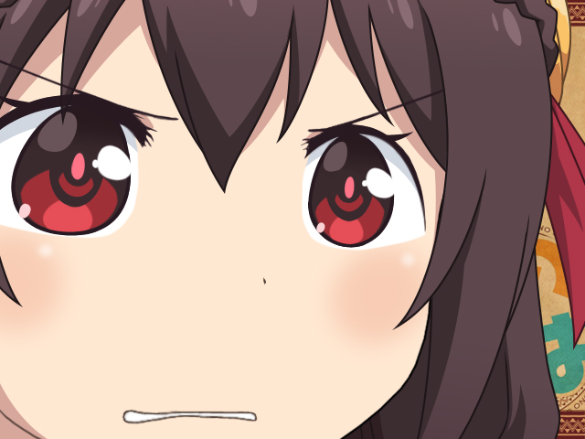 1girl, brown_hair, clenched_teeth, close-up, gunuaki, gununu_(meme), kono_subarashii_sekai_ni_shukufuku_wo!, meme, parody, red_eyes, solo, teeth, yunyun_(konosuba)