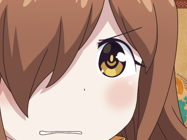1girl, brown_hair, clenched_teeth, close-up, gunuaki, gununu_(meme), hair_over_one_eye, kono_subarashii_sekai_ni_shukufuku_wo!, meme, parody, solo, teeth, wiz_(konosuba), yellow_eyes