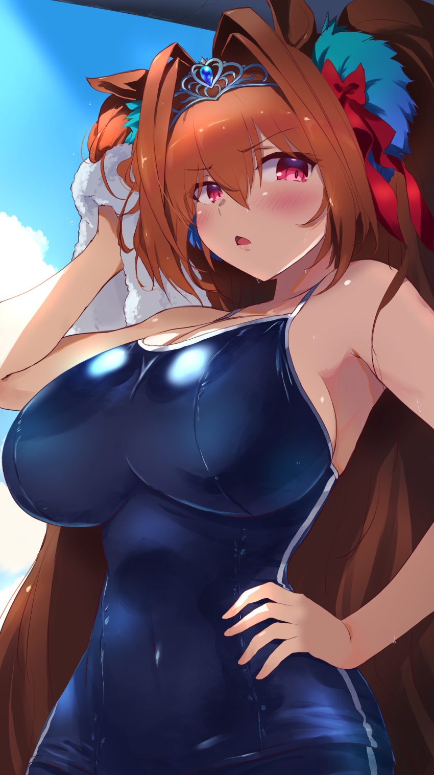 1girl, absurdres, animal_ears, blue_one-piece_swimsuit, blush, breasts, brown_hair, covered_navel
