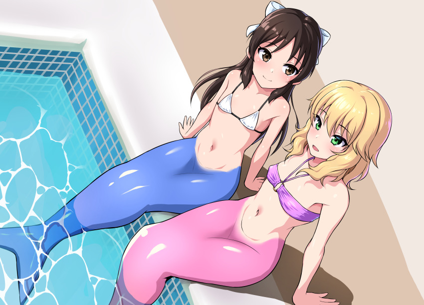 2girls, :d, absurdres, bandeau, bikini, bikini_top_only, blue_tail, bow, breasts, collarbone, commentary_request, dutch_angle, eyes_visible_through_hair, flat_chest, from_above, hadacra, hair_bow, hair_ribbon, highres, idolmaster, idolmaster_cinderella_girls, in_water, loli, long_hair, looking_at_another, merfolk, merfolk_out_of_environment, mermaid, monster_girl, monsterification, multiple_girls, navel, open_mouth, outdoors, pink_tail, pool, purple_bikini, ribbon, sakurai_momoka, short_hair, sidelocks, sitting, small_breasts, smile, swimsuit, tachibana_arisu, white_bikini