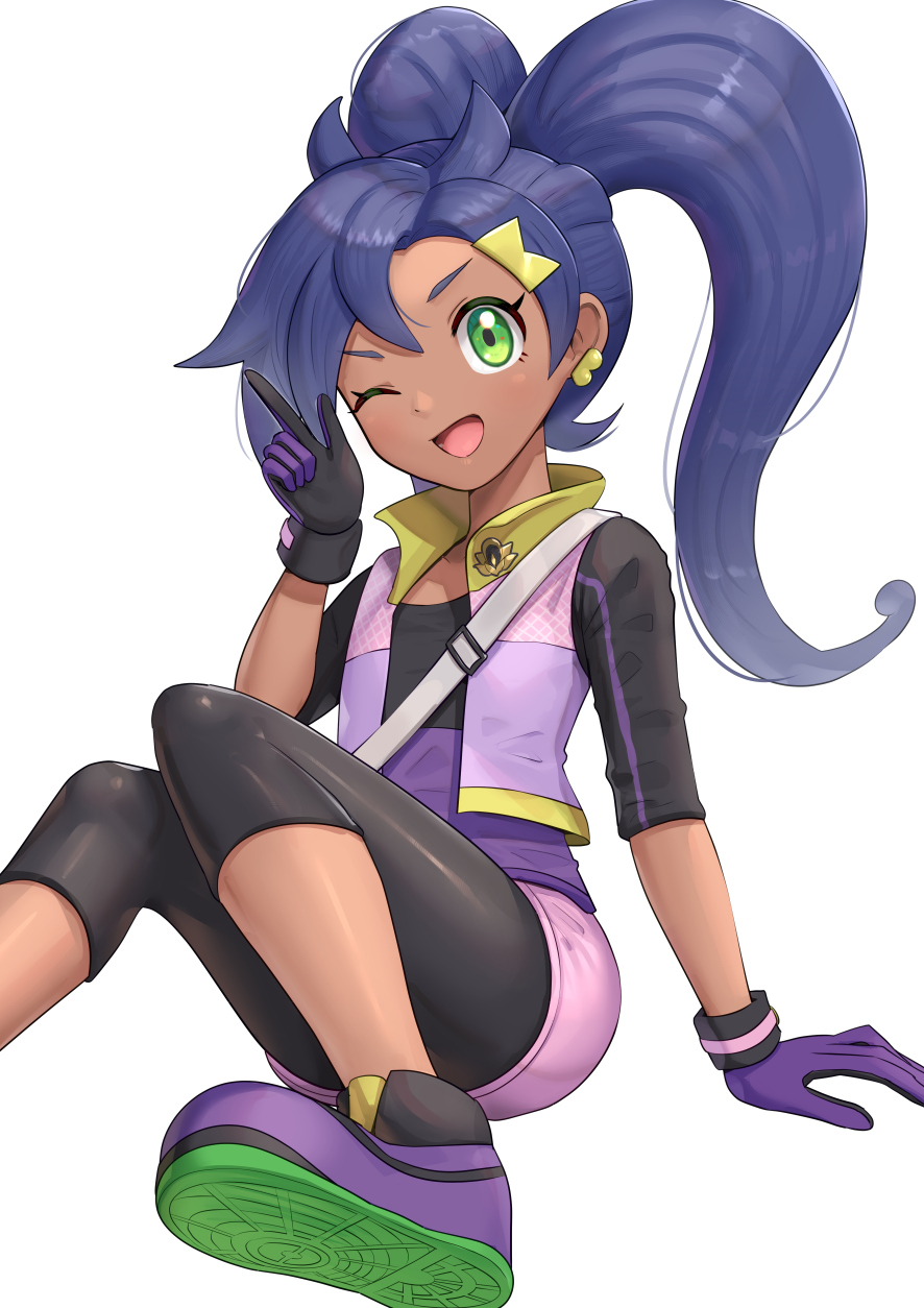 1girl, :d, bag, black_gloves, black_legwear, blush, dark-skinned_female, dark_skin, gloves, gonzarez, green_eyes, hair_ornament, hairclip, highres, index_finger_raised, long_hair, long_sleeves, new_pokemon_snap, nintendo, one_eye_closed, open_clothes, open_mouth, open_vest, pink_shorts, pokemon, purple_gloves, rita_(pokemon), shirt, shorts, shoulder_bag, simple_background, sitting, smile, solo, twintails, vest, white_background