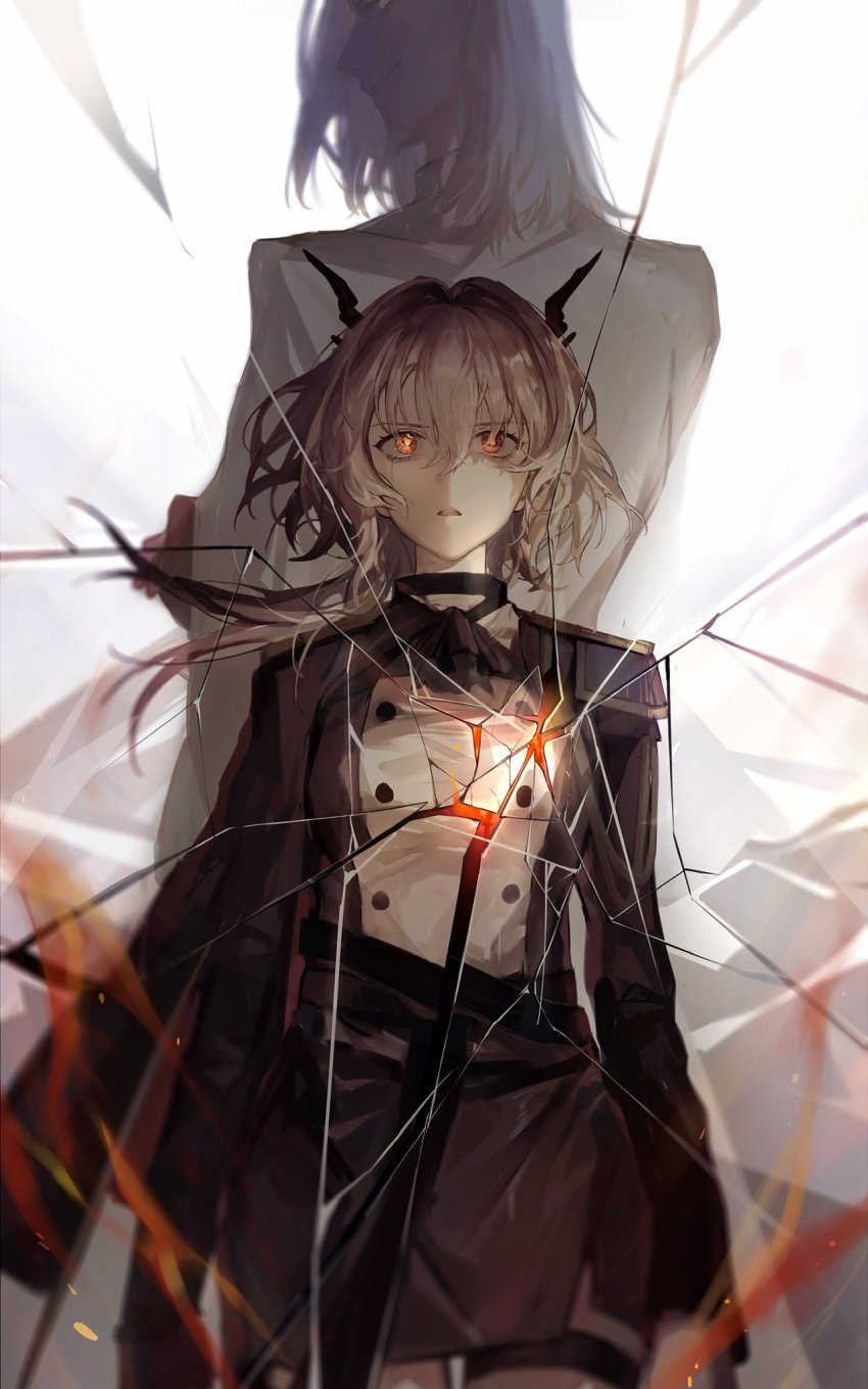 1boy, 1girl, arknights, back-to-back, dragon_girl, dragon_horns, dress, duke_kashchey_(arknights)