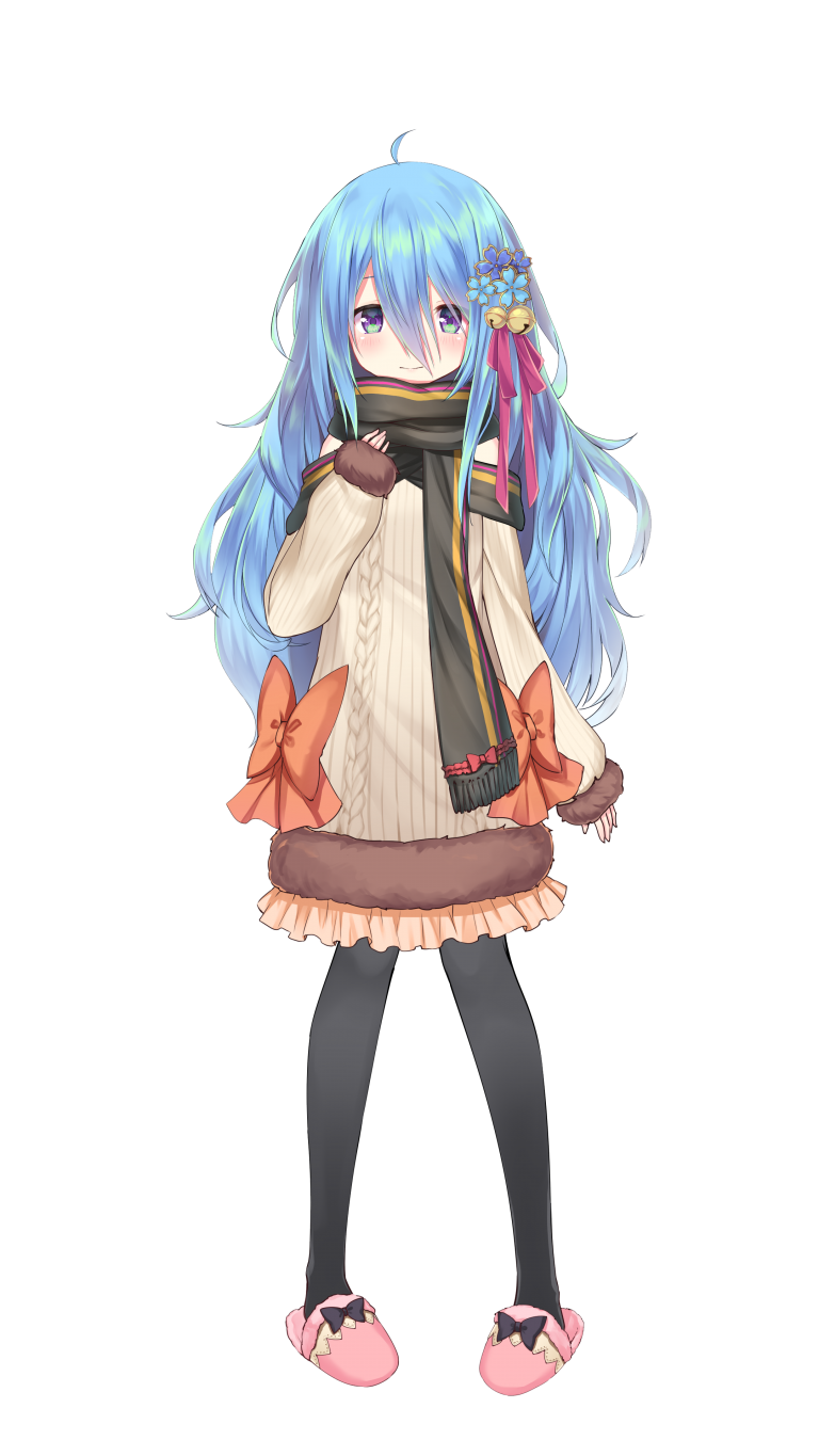 1girl, ahoge, black_legwear, blue_hair, flower, hair_between_eyes, highres, indie_virtual_youtuber