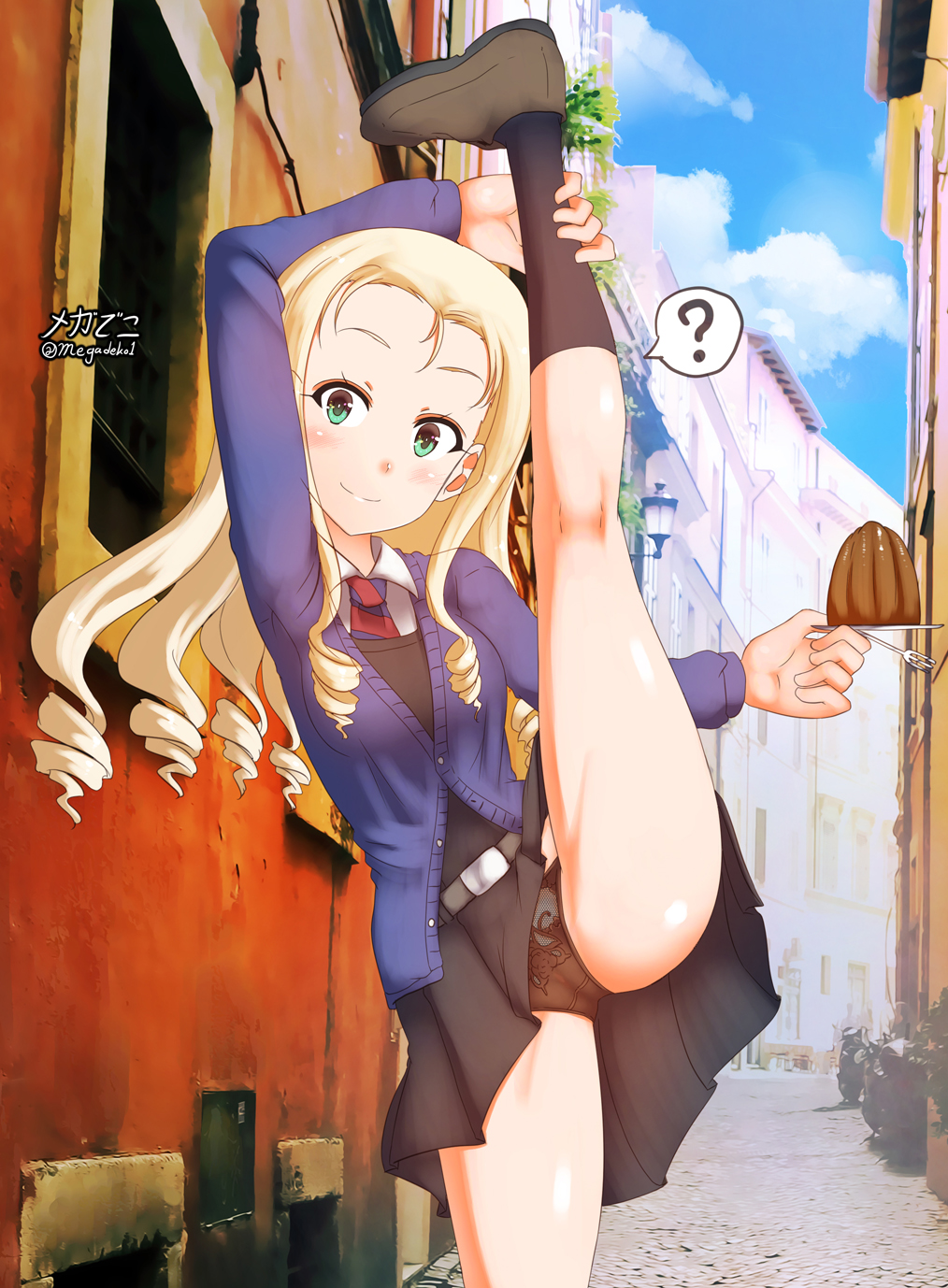 1girl, ?, artist_name, bc_freedom_school_uniform, black_dress, black_panties, blonde_hair, blue_cardigan, blue_necktie, blue_sky, blurry, blurry_background, brown_shoes, cardigan, closed_mouth, cloud, cloudy_sky, commentary, cowboy_shot, crotch_seam, day, diagonal-striped_neckwear, dress, dress_shirt, drill_hair, food, fork, girls_und_panzer, green_eyes, highres, holding, holding_fork, holding_saucer, kneehighs, leaning_to_the_side, leg_hold, leg_up, long_hair, long_sleeves, looking_at_viewer, marie_(girls_und_panzer), megadeko, mont_blanc_(food), necktie, outdoors, panties, pantyshot, partially_unbuttoned, photo_background, pinafore_dress, pleated_dress, red_necktie, saucer, school_uniform, shirt, shoes, short_dress, signature, sky, sleeveless, sleeveless_dress, smile, socks, solo, split, spoken_question_mark, standing, standing_on_one_leg, standing_split, striped_clothes, striped_necktie, striped_neckwear, twitter_username, underwear, white_shirt, wing_collar