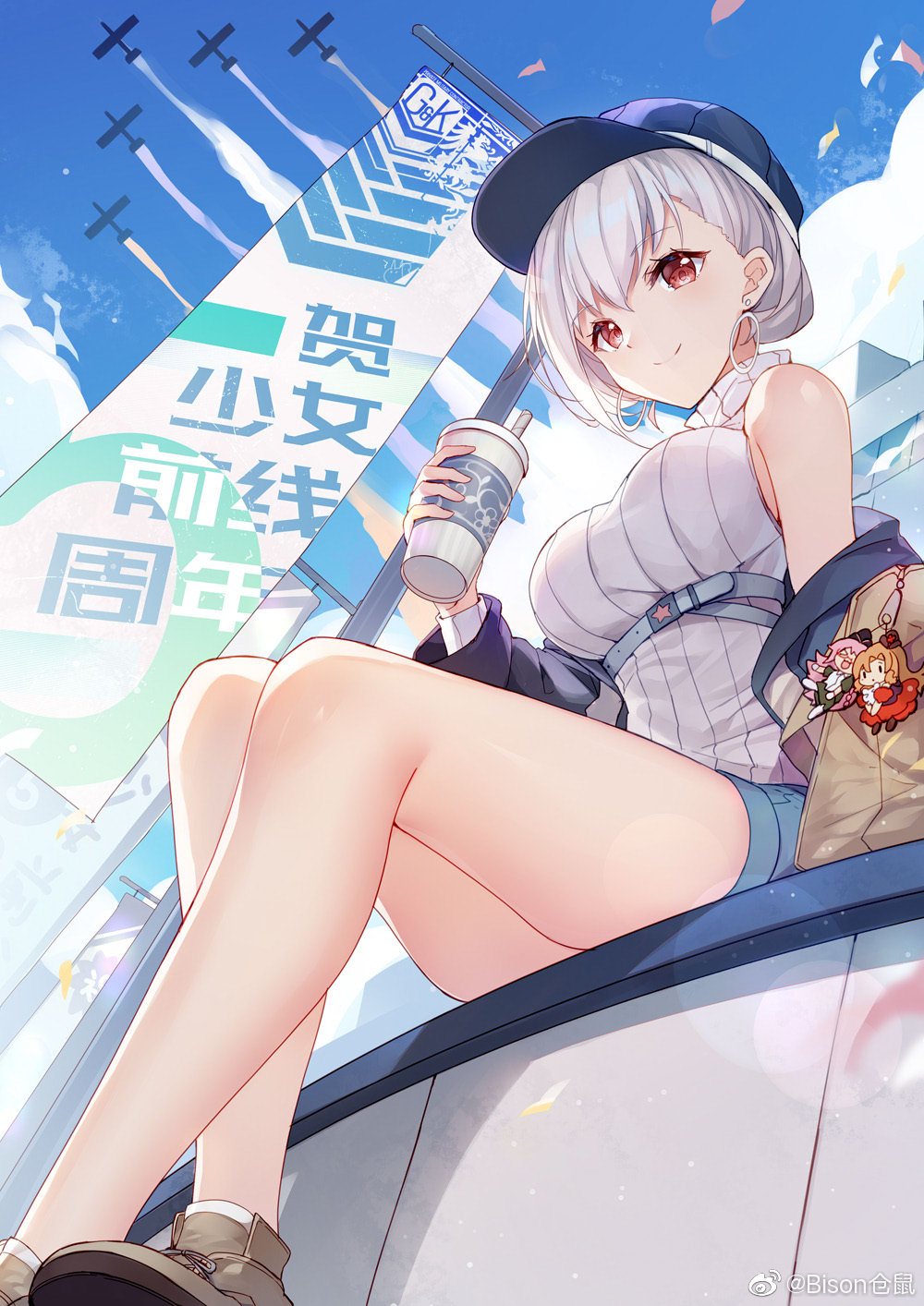 1girl, aircraft, airplane, anniversary, bag, bag_charm, banner, bare_shoulders, baseball_cap, bison_cangshu, breasts, charm_(object), chest_belt, chibi, commentary_request, cup, disposable_cup, earrings, fn-49_(girls'_frontline), fnp-9_(girls'_frontline), from_behind, girls'_frontline, griffin_&amp;_kryuger_logo, grifon_&amp;_kryuger, hat, highres, holding, holding_cup, jewelry, large_breasts, legs, looking_at_viewer, red_eyes, ribbed_shirt, rmb-93_(girls'_frontline), shirt, short_hair, shorts, sitting, sky, sleeveless, sleeveless_shirt, smile, solo, thighs, underbust, watermark, weibo_watermark, white_hair, white_shirt