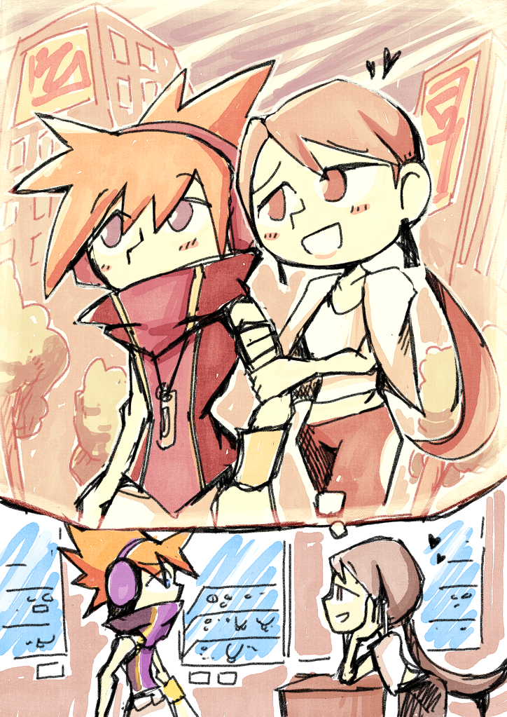 1boy, 1girl, age_difference, arm_support, blue_eyes, blush, city, eyebrows, grey_hair, headphones, heart, high_collar, holding_another's_arm, hug, imagining, jacket, jacket_on_shoulders, mp3_player, orange_hair, sakuraba_neku, setz, shirt, shopkeeper_(twewy), sleeveless, sleeveless_shirt, spiked_hair, subarashiki_kono_sekai, wristband