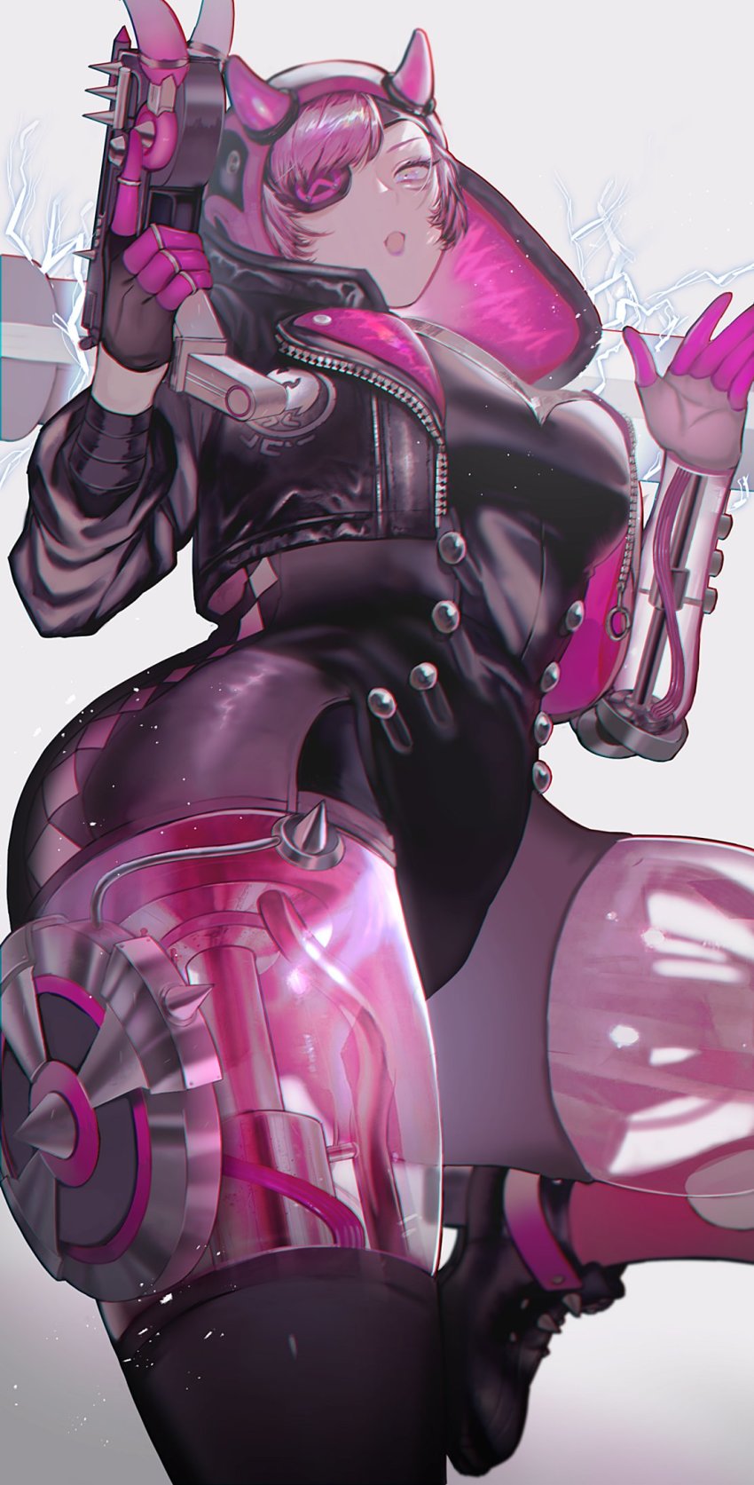 1girl, :o, animification, apex_legends, black_bodysuit, black_headwear, black_jacket, blue_eyes, bodysuit, breasts, cyber_punked_wattson, cyberpunk, electricity, eyepatch, gun, handgun, highres, holding, holding_gun, holding_weapon, hood, hooded_jacket, horns, jacket, lipstick, looking_down, makeup, mechanical_arms, mechanical_legs, medium_breasts, official_alternate_costume, one_eye_covered, open_hand, pink_eyes, pink_hair, pistol, purple_lips, science_fiction, single_mechanical_arm, solo, thick_thighs, thighs, tsukura_sae, wattson_(apex_legends), weapon