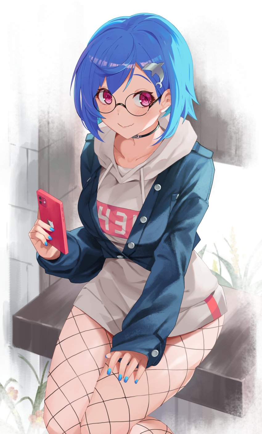 1girl, absurdres, ahoge, bang_(gesture), black_choker, blue_hair, blue_nails, choker, collarbone, denim, denim_jacket, dolphin_hair_ornament, drawstring, fang, finger_gun, fishnet_pantyhose, fishnets, glasses, grey_hoodie, highres, holding, holding_phone, hood, hood_down, hoodie, jacket, kaguya_(srx61800), lips, looking_at_viewer, mole, mole_on_thigh, nail_polish, nijisanji, nishizono_chigusa, nishizono_chigusa_(2nd_costume), no_pants, pantyhose, phone, pink_eyes, round_eyewear, short_hair, sitting, smile, solo, tagme, thighs, virtual_youtuber