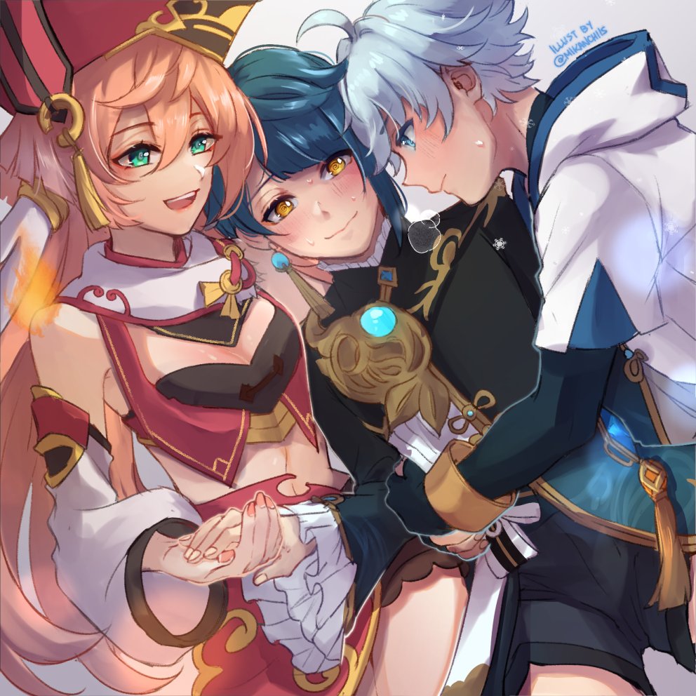 1girl, 2boys, @_@, bare_shoulders, blonde_hair, bloomers, blue_eyes, blunt_bangs