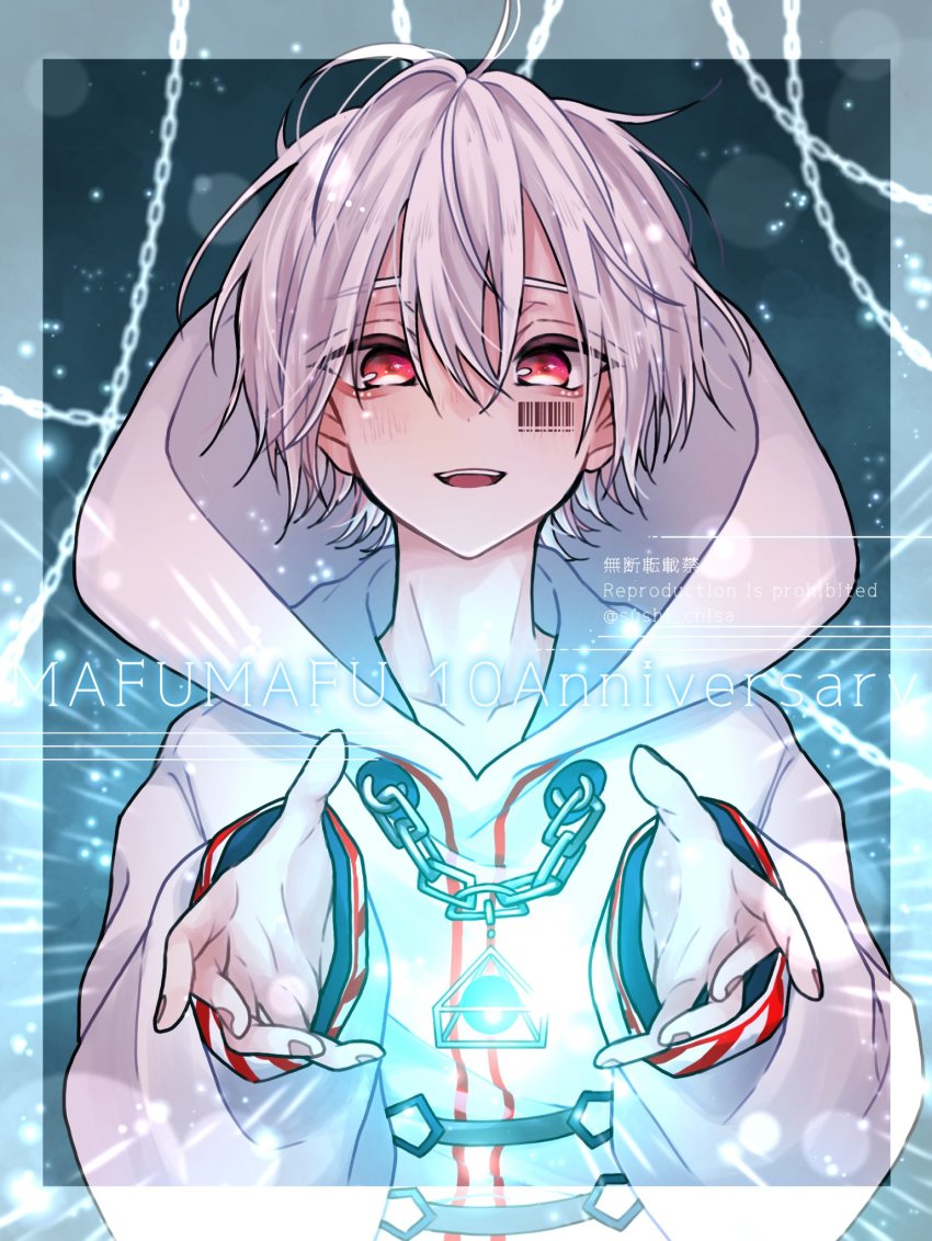 1boy, barcode, barcode_tattoo, character_name, highres, mafumafu, male_focus, niconico, open_mouth, red_eyes, smile, solo, sushi_chisa, tattoo, utaite, vocaloid, white_hair