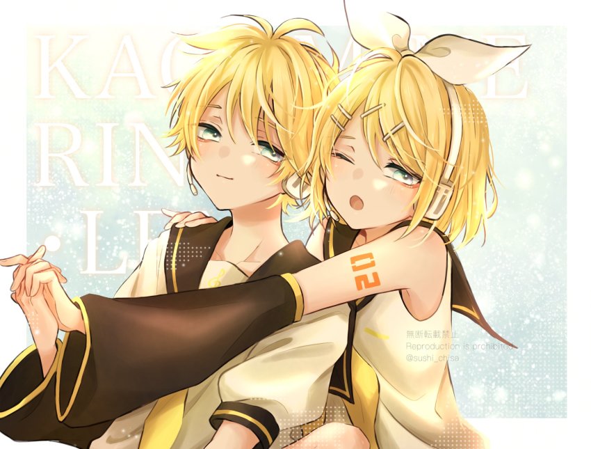 1boy, 1girl, bad_id, bad_twitter_id, bass_clef, blonde_hair, blue_eyes, bow, brother_and_sister, detached_sleeves, hair_bow, headset, highres, kagamine_len, kagamine_rin, leg_warmers, necktie, sailor_collar, shorts, siblings, sushi_chisa, treble_clef, twins, vocaloid