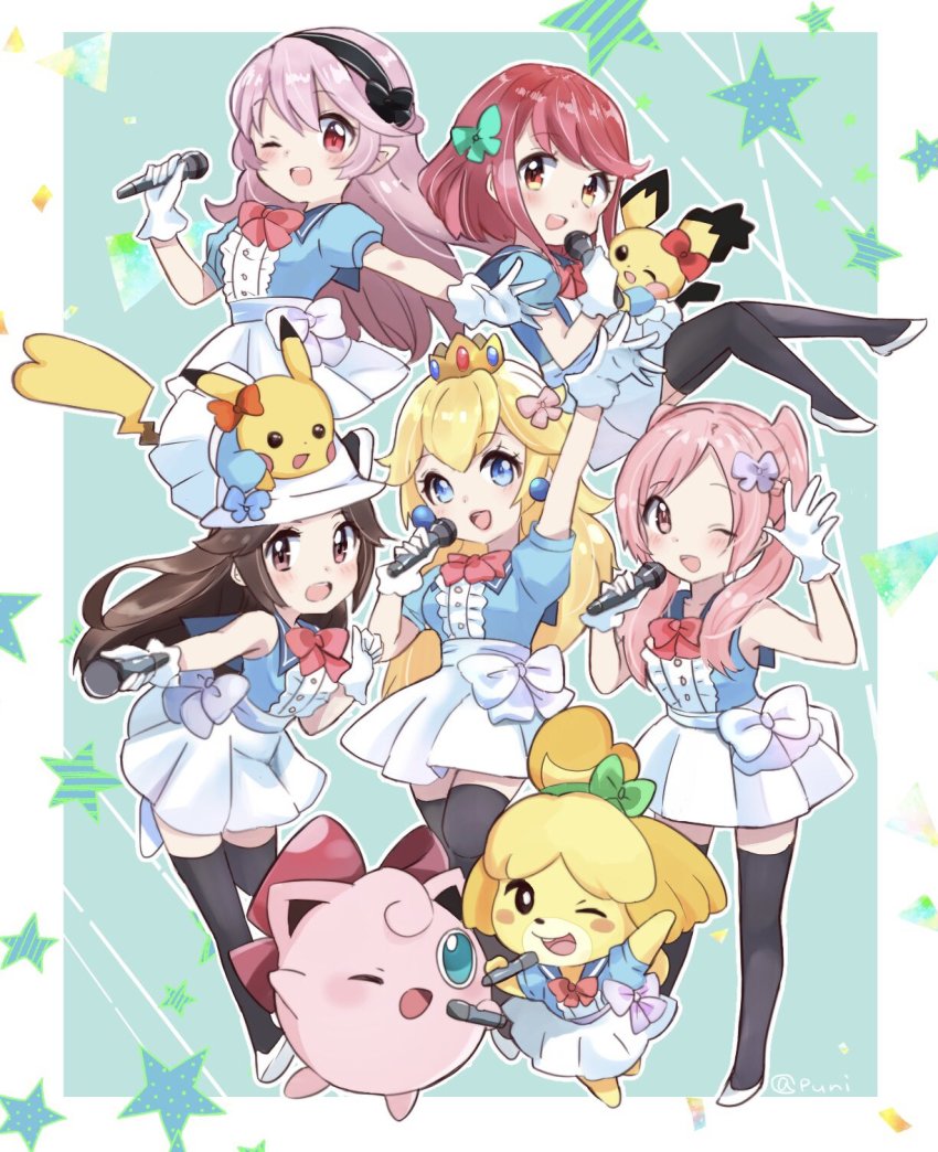 6+girls, blonde_hair, blush, breasts, cape, chibi, cleavage, clothed_pokemon