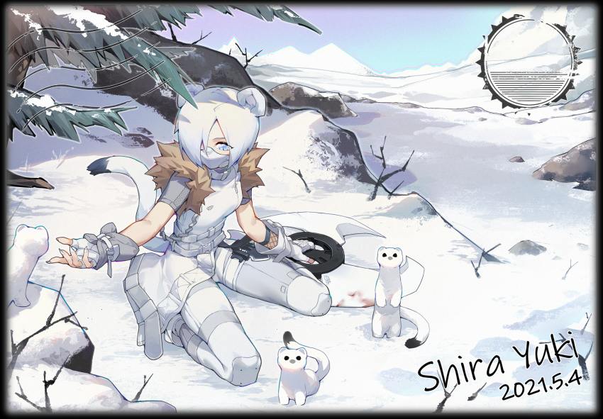 1girl, animal, animal_ears, arknights, blue_eyes, breasts, character_name, commentary_request