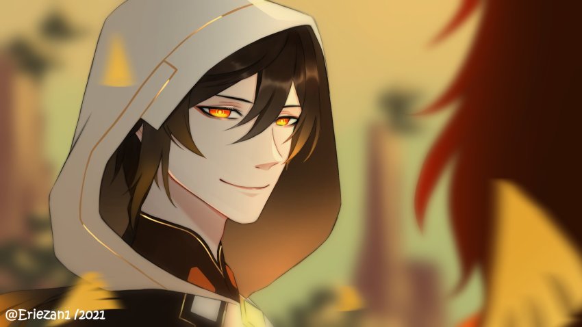 2boys, alternate_costume, azhdaha_(genshin_impact), blurry, blurry_background, blurry_foreground, brown_hair, closed_mouth