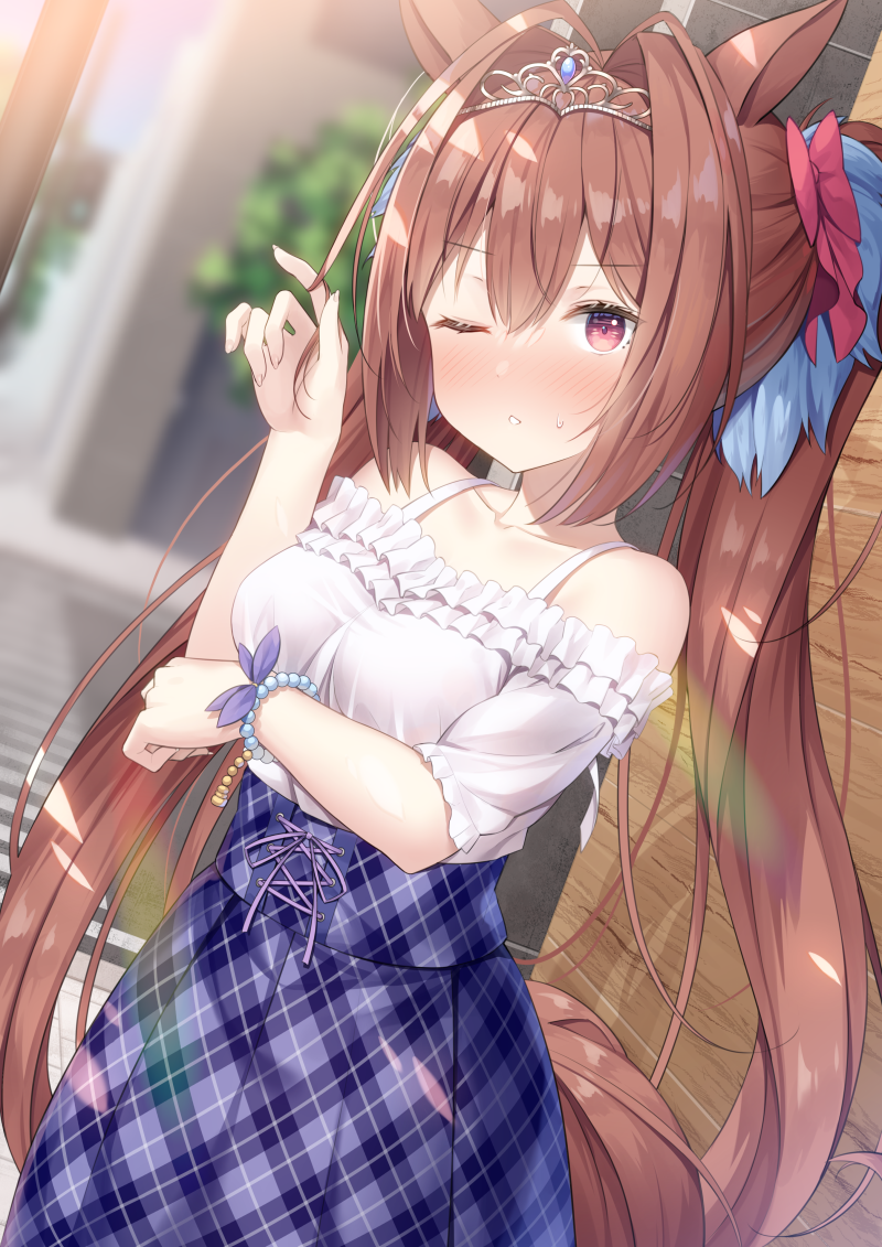 1girl, animal_ears, bare_shoulders, blue_skirt, blurry, blurry_background, blush, bracelet