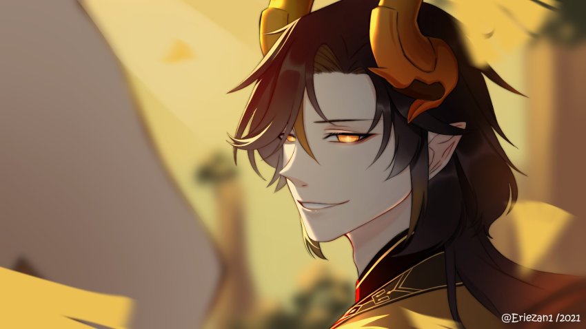 2boys, azhdaha_(genshin_impact), black_hair, blurry, blurry_background, blurry_foreground, commentary, dated, diamond-shaped_pupils, diamond_(shape), dragon_boy, dragon_horns, english_commentary, eriezan, genshin_impact, highres, hood, hood_up, horns, leaf, long_hair, looking_at_another, male_focus, multicolored_hair, multiple_boys, open_mouth, orange_eyes, orange_hair, outdoors, pointy_ears, slit_pupils, smile, symbol-shaped_pupils, twitter_username, two-tone_hair, zhongli_(genshin_impact)