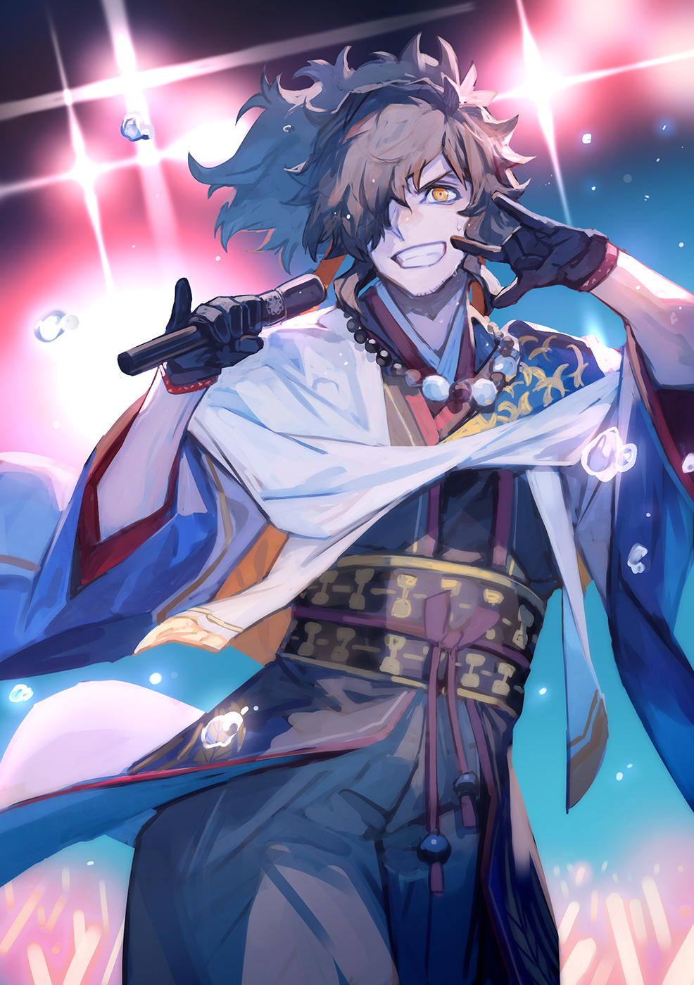 1boy, \m/, black_gloves, facial_hair, fate/grand_order, fate_(series), gloves, hair_over_one_eye