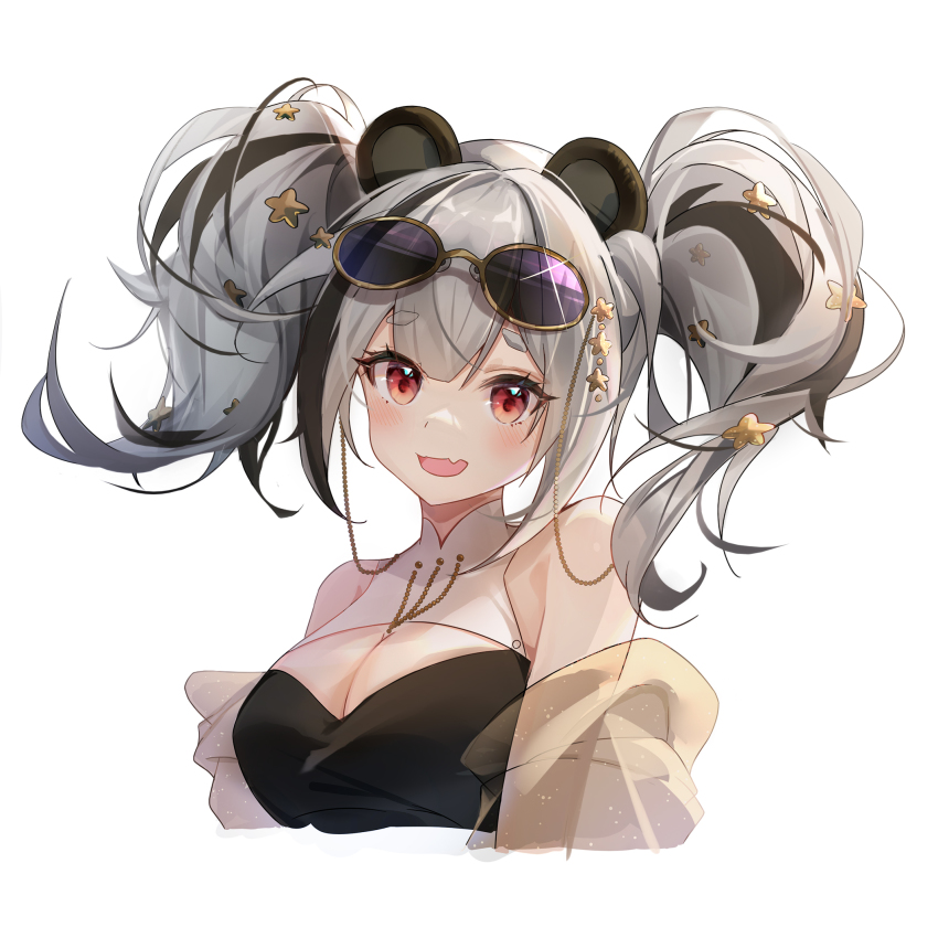 1girl, :d, aimoda, ambience_synesthesia, animal_ears, arknights, bare_shoulders, black_hair