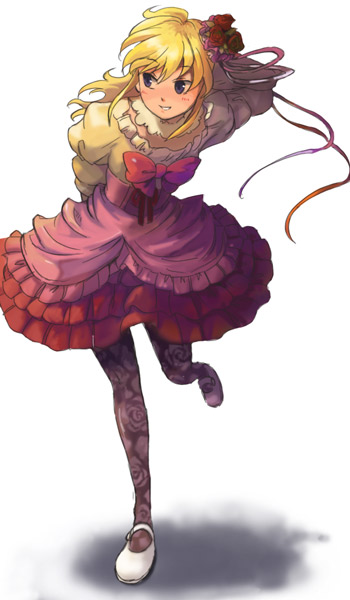 1girl, blonde_hair, blue_eyes, bow, cosplay, dress, female_focus, flower