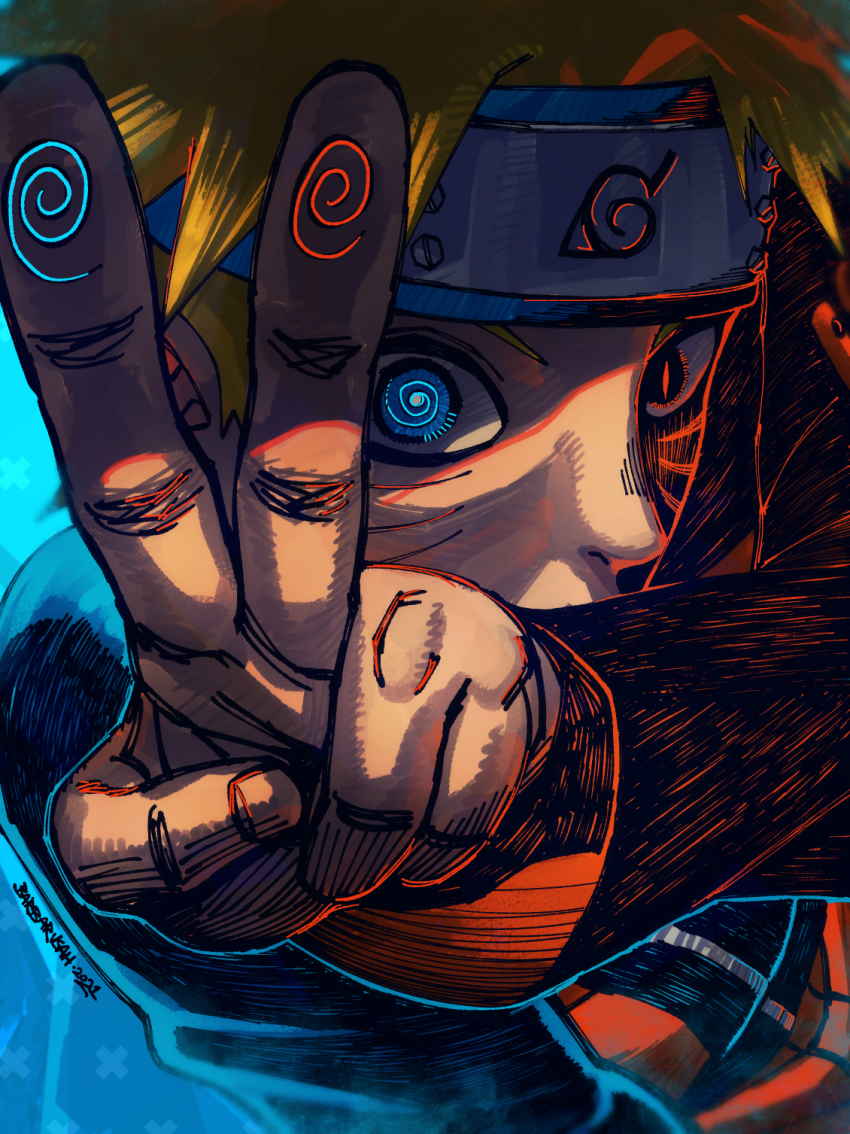 1girl, 2021, @_@, artist_name, barbarvsah, blonde_eyebrows, blonde_hair, blue_eyes, close-up, dated, facial_mark, fingerprint, forehead_protector, headband, heterochromia, highres, jacket, konohagakure_symbol, naruto_(series), naruto_shippuuden, pale_skin, red_eyes, slit_pupils, solo, spiked_hair, upper_body, uzumaki_naruto, v, watermark, whisker_markings, whiskers