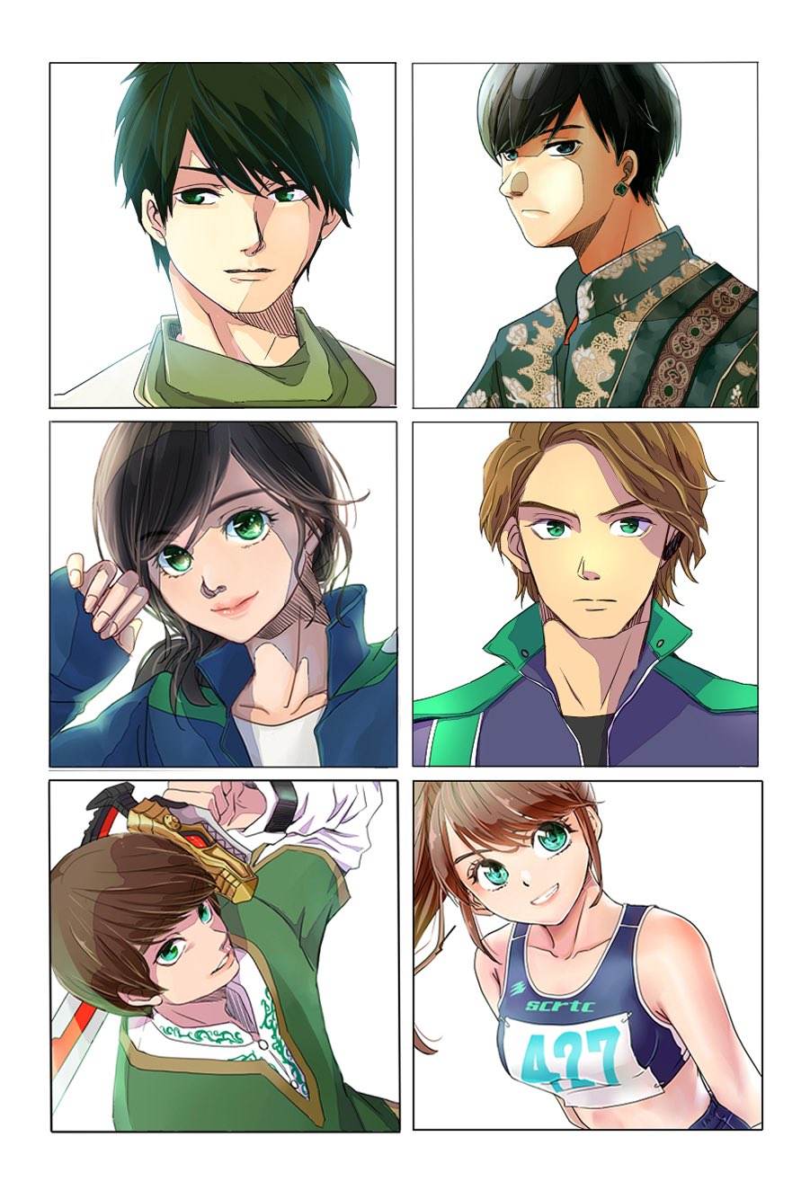 2girls, 4boys, animification, black_hair, brown_hair, doubutsu_sentai_zyuohger, green_eyes, green_hair