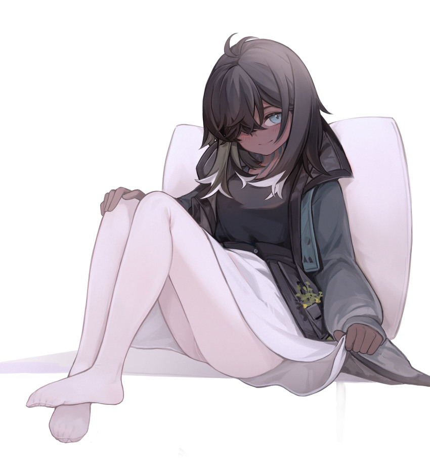 1girl, absurdres, arknights, black_hair, black_shirt, blue_eyes, blush, body_markings, commentary_request, dark-skinned_female, dark_skin, eyebrows_hidden_by_hair, flint_(arknights), flint_(gorgeous_flower)_(arknights), hair_over_one_eye, highres, holding, holding_own_skirt, jacket, long_hair, looking_at_viewer, nagata_gata, pantyhose, pillow, plant, shirt, simple_background, sitting, skirt, solo, toes, white_background, white_pantyhose, white_skirt