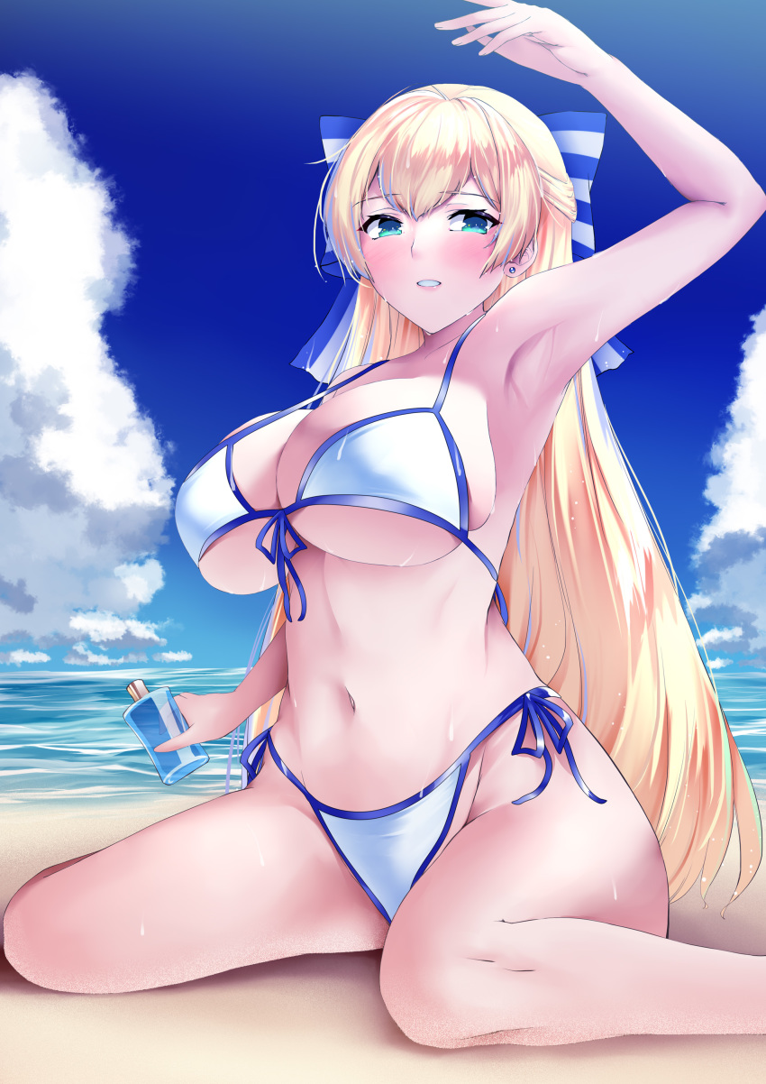 1girl, absurdres, anesaki, beach, bikini, blonde_hair, blue_sky, bottle