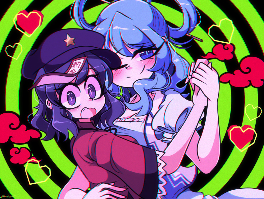 2girls, ;), blue_dress, blue_eyes, blue_hair, blush, breasts, bright_pupils, chromatic_aberration, cleavage, closed_mouth, commentary_request, concentric_circles, d:, dress, fang, hair_ornament, hair_rings, hair_stick, hand_up, hat, hat_ornament, heart, highres, holding_hands, jiangshi, kaku_seiga, littlecloudie, looking_at_viewer, medium_breasts, medium_hair, miyako_yoshika, multiple_girls, necromantic, newsboy_cap, ofuda, one_eye_closed, open_mouth, puffy_short_sleeves, puffy_sleeves, purple_eyes, purple_hair, purple_headwear, red_shirt, sanpaku, shirt, short_sleeves, simple_background, smile, star_(symbol), star_hat_ornament, touhou, upper_body, vest, wavy_hair, white_vest