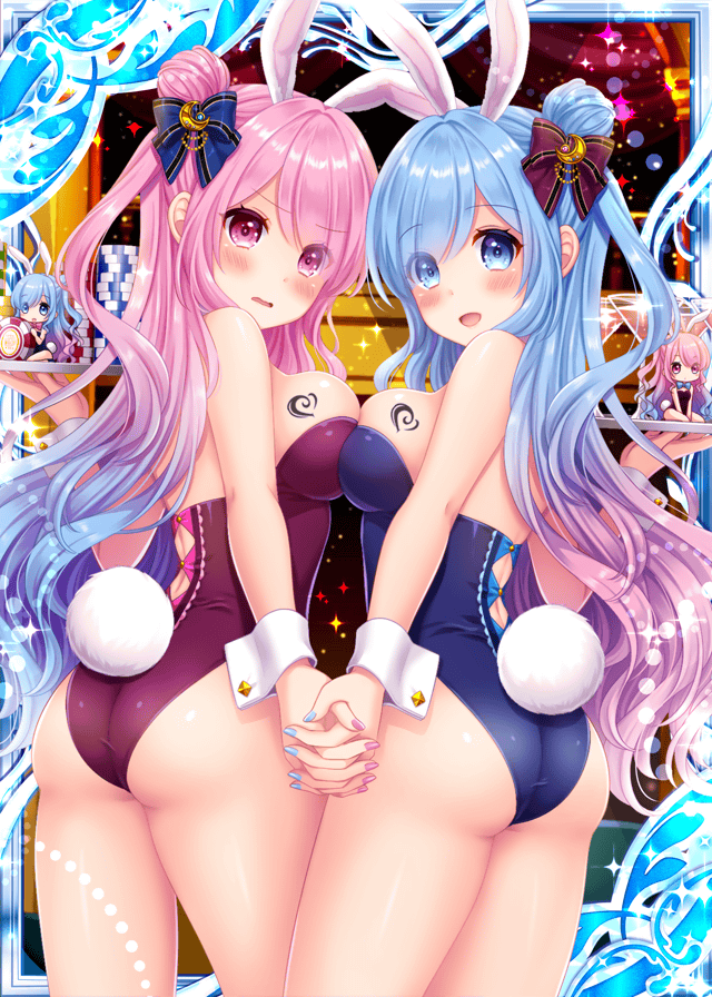2girls, animal_ears, artist_collaboration, ass, blue_eyes, blue_hair, blue_leotard, blue_ribbon