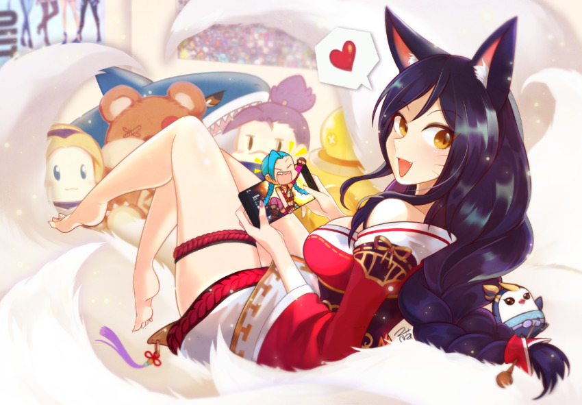 1girl, :d, aa2233a, ahri_(league_of_legends), animal_ears, barefoot, black_hair, blitzcrank, braid, breasts, character_doll, cleavage, doll, featherknight, fox_ears, heart, jinx_(league_of_legends), league_of_legends, little_legend, long_hair, looking_at_viewer, low-tied_long_hair, lux_(league_of_legends), open_mouth, poster_(object), sitting, smile, spoken_heart, tail, teamfight_tactics, thigh_strap, tibbers, whiskers, yasuo_(league_of_legends)