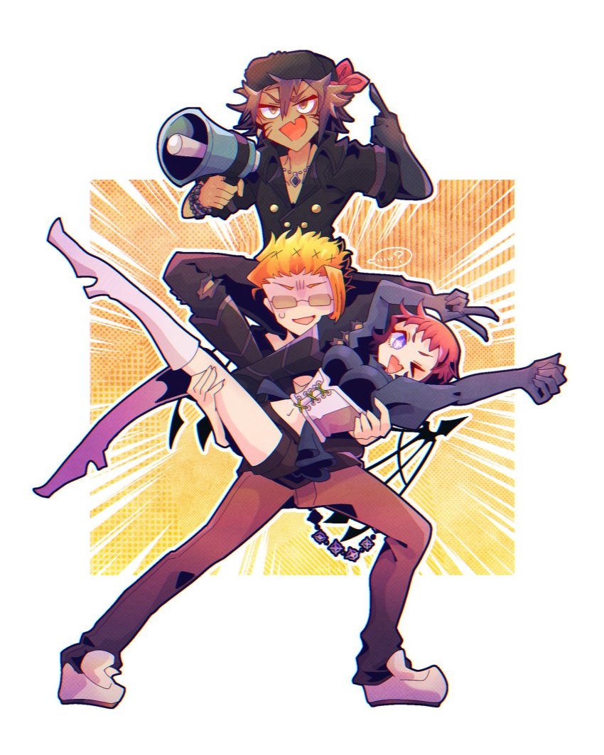 1girl, 2boys, carrying, corset, dark-skinned_male, dark_skin, glasses, highres