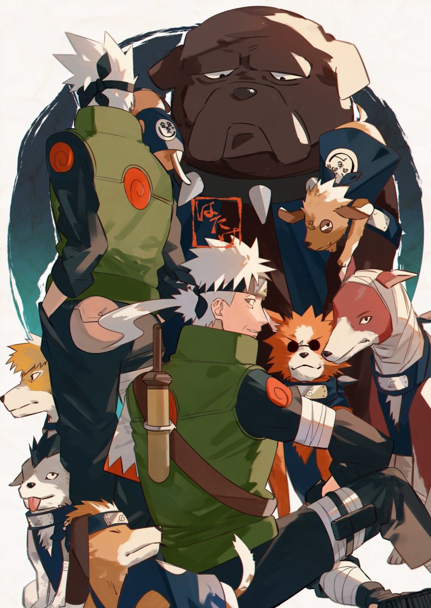 2boys, akino_(naruto), animal, animal_on_shoulder, asymmetrical_sleeves, bandages, bisuke_(naruto), bull_(naruto)