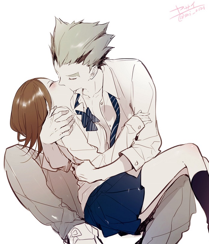 1boy, 1girl, black_legwear, blush, bokuto_koutarou, bow, bowtie, brown_hair