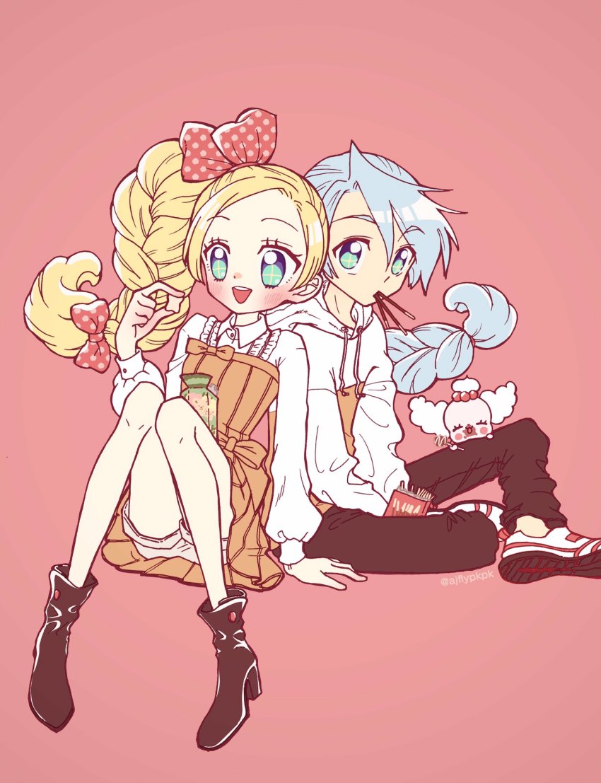 +_+, 1boy, 1girl, :d, aji_fry, aqua_eyes, between_legs, blonde_hair