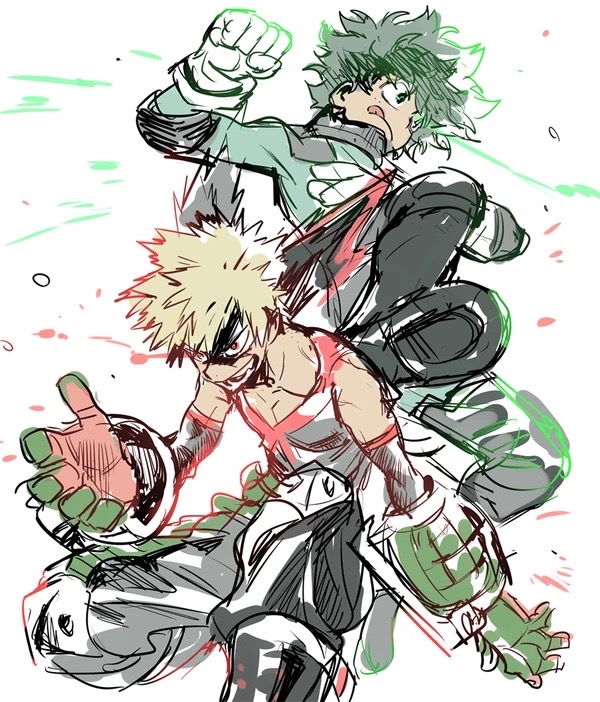 2boys, armored_boots, baggy_pants, bakugou_katsuki, bare_shoulders, bikkusama, black_footwear, black_legwear