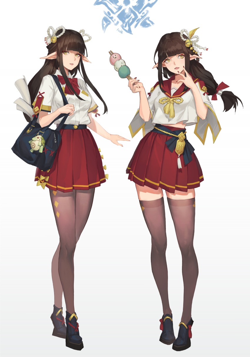 2girls, absurdres, alternate_costume, black_legwear, dango, food, fushe, hair_ornament, heel-less_heels, high_heels, highres, hime_cut, hinoa, long_legs, midriff_peek, miniskirt, minoto, monster_hunter_(series), monster_hunter_rise, multiple_girls, pantyhose, pointy_ears, school_uniform, siblings, sisters, skirt, thighhighs, twins, wagashi, yellow_eyes, zettai_ryouiki