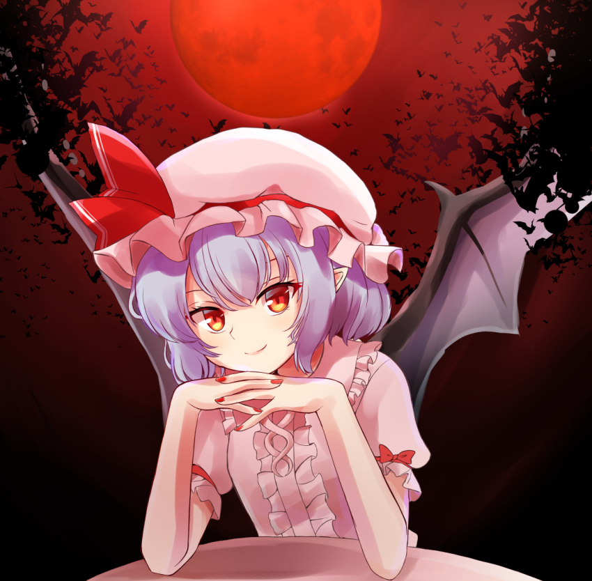 1girl, bat_(animal), bat_wings, bow, breasts, center_frills, closed_mouth, commentary_request