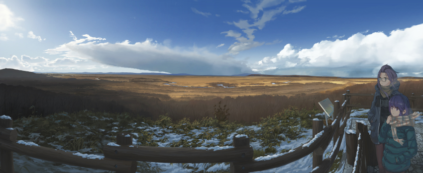 2girls, absurdres, black-framed_eyewear, black_pants, blue_coat, blue_sky, breath, closed_mouth