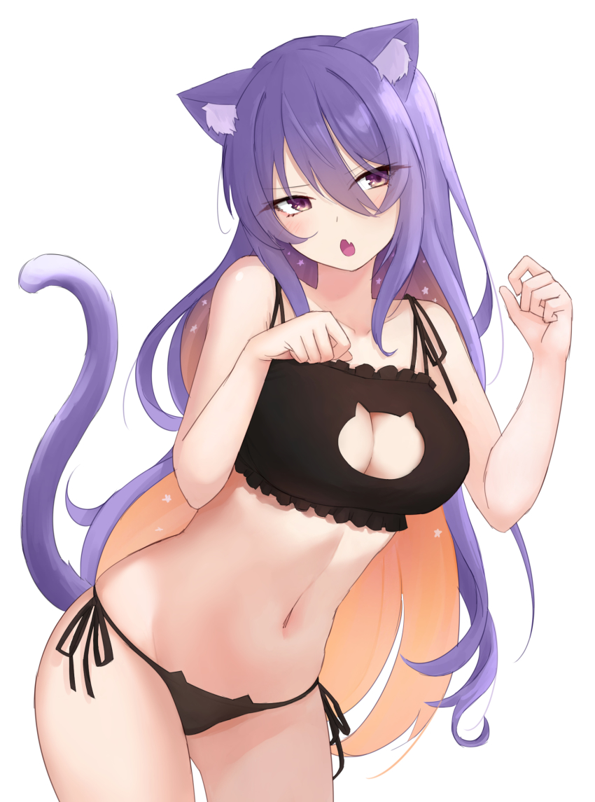 1girl, absurdres, animal_ears, aura_(aurapls), breasts, cat_cutout, cat_ears, cat_lingerie, cat_tail, clothing_cutout, fang, highres, hololive, hololive_indonesia, large_breasts, long_hair, moona_hoshinova, multicolored_hair, navel, panties, paw_pose, purple_hair, side-tie_panties, solo, tail, two-tone_hair, underwear, underwear_only, virtual_youtuber, white_background