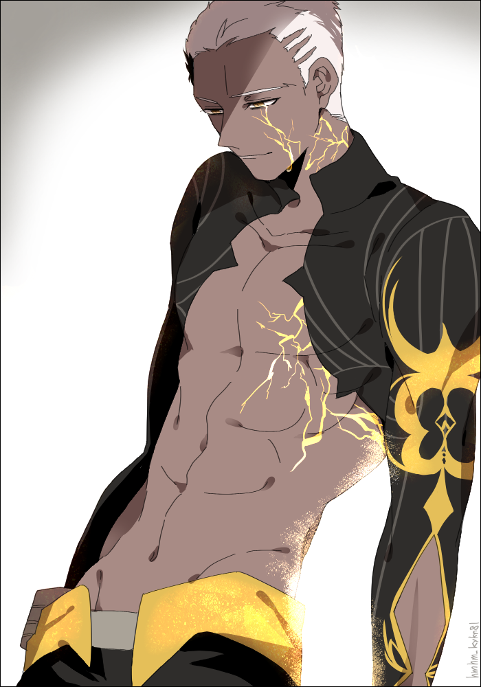 1boy, bare_pectorals, cornrows, dark-skinned_male, dark_skin, emiya_alter, emiya_alter_(third_ascension), fate/grand_order