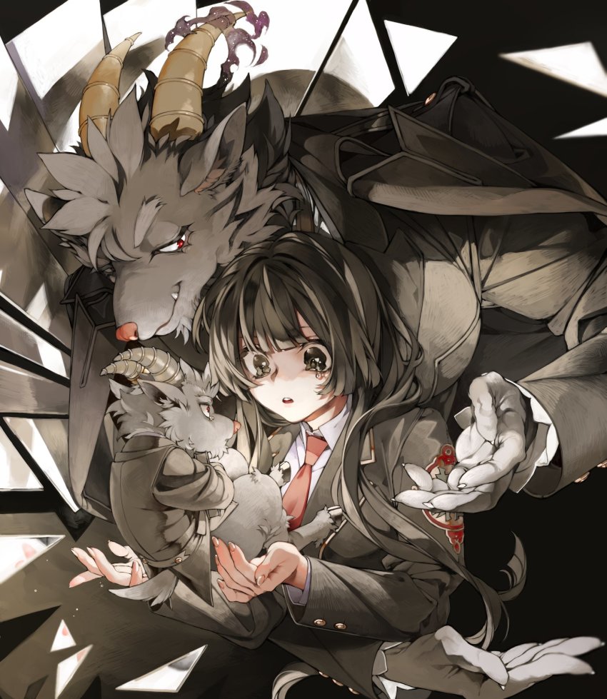 1girl, 2boys, animal_ears, animal_nose, black_eyes, black_hair, black_jacket, blunt_bangs