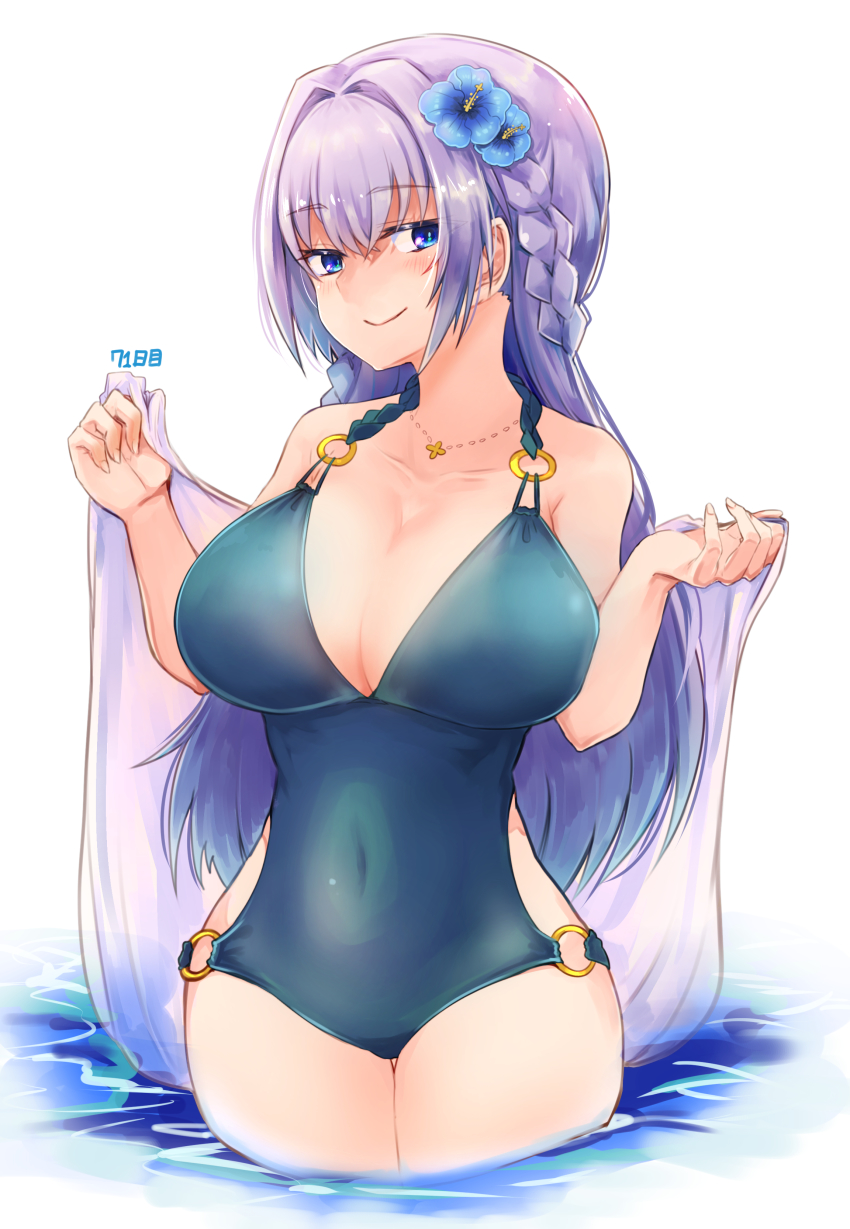 1girl, absurdres, blue_eyes, blue_flower, breasts, cleavage, covered_navel, cross