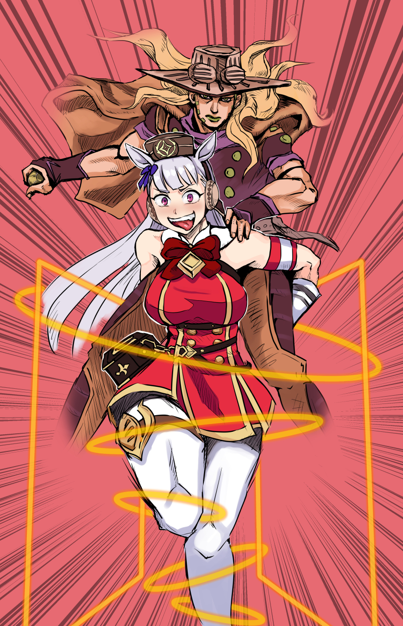 1boy, 1girl, animal_ears, blonde_hair, blunt_bangs, bow, bowtie, brown_headwear, carrying, commentary_request, crossover, dress, ear_covers, gold_ship_(red_strife)_(umamusume), gold_ship_(umamusume), grey_hair, gyro_zeppeli, hat, highres, horse_ears, horse_girl, jojo_no_kimyou_na_bouken, long_hair, open_mouth, pantyhose, piggyback, pillbox_hat, purple_eyes, red_bow, red_dress, red_neckwear, riding, running, sd1988122, short_dress, sleeveless, sleeveless_dress, steel_ball_(jojo), steel_ball_run, thigh_strap, tongue, umamusume, white_pantyhose