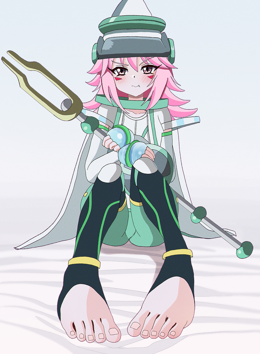 1girl, aruman, blush, feet, foot_focus, hat, highres, long_hair, looking_at_viewer, pink_hair, solo, toes, tuning_magician, yu-gi-oh!, yu-gi-oh!_arc-v